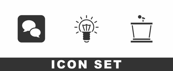 Set Speech bubble chat, Light bulb and Stage stand icon. Vector