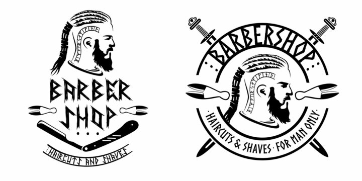 Barber shop viking style, isolated vector vintage illustration. Bearded viking man monochrome silhouette. Emblem, logo, label for a salon of fashionable haircuts and shaving.
