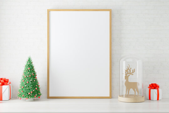 Mockup poster photo frame with christmas decoration.