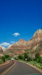 Fototapeta premium Zion National Park in Utah, United States. This road is closed to general vehicles and a free shuttle bus will take tourists ahead.