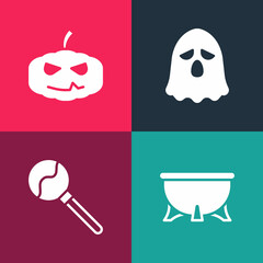 Set pop art Halloween witch cauldron, Lollipop, Ghost and Pumpkin icon. Vector