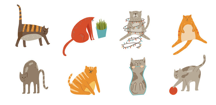 Set of cats walking playing with yarn ball, arching back, sitting, being liquid, illustraion cartoon flat style.