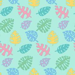 Monstera seamless pattern, childish tropical leaf pink green blue, vector