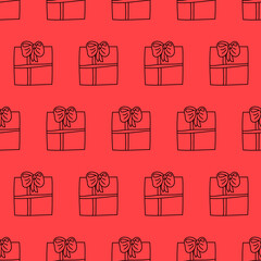 Gift box with a present, stroke on red, hand drawing seamless pattern vector
