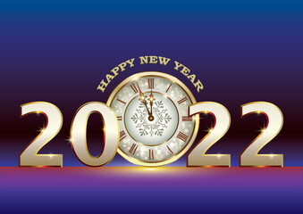 Happy New Year 2022 banner with golden 2022 numbers and clock with original holiday greetings on background with glow. 3d vector illustration