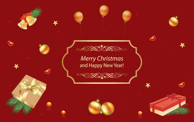 Merry Christmas and Happy New Year 2022 banner with gift boxes, balls, bells, stars on a red background with balloons and hearts. Vector illustration. 