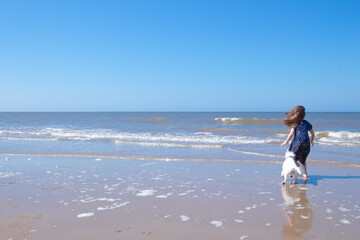 child play on the shore, girl, play on the beach with white dog, british beach, british, summer, british summer, norfolk beach, cromer, child, playing, beach, sunny day