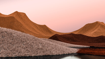  Surreal mountains landscape with yellow peaks and pink sky. Minimal abstract background. Shaggy surface with a slight noise.3d rendering