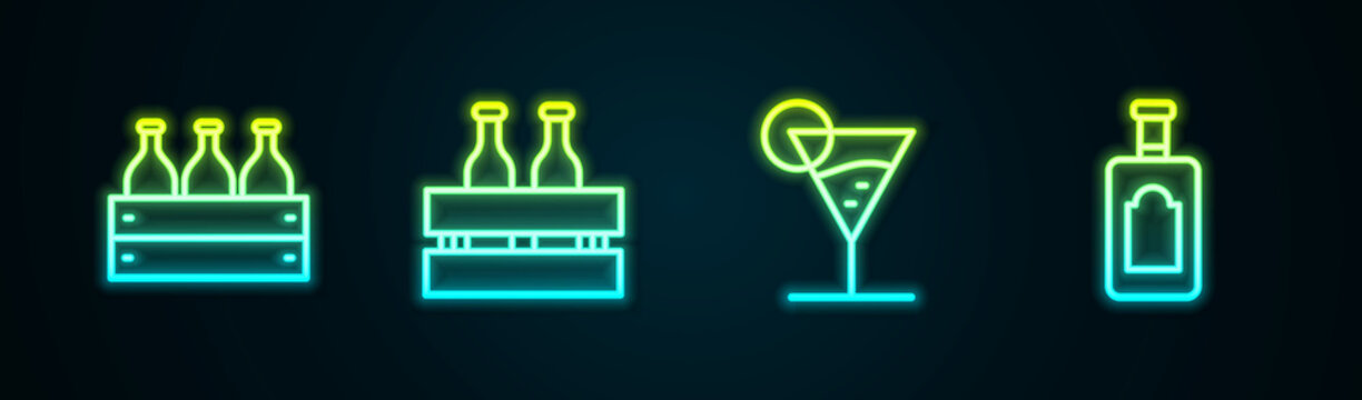 Set line Bottles of wine in a wooden box, Pack beer bottles, Martini glass and Whiskey. Glowing neon icon. Vector
