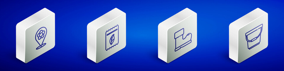 Set Isometric line Location with flower, Pack full of seeds of plant, Waterproof rubber boot and Bucket icon. Vector