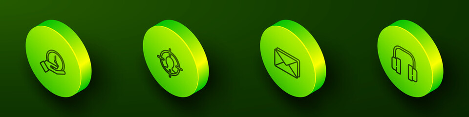 Set Isometric line Clock, Head hunting concept, Envelope and Headphones icon. Vector