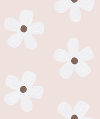 Leuk Hand Getekend Bloemen Naadloos Vectorpatroon. Eenvoudige witte borstel bloemen geïsoleerd op een licht blozen roze achtergrond. Tuinafdruk in olieverfstijl met abstracte bloeiende bloemen.