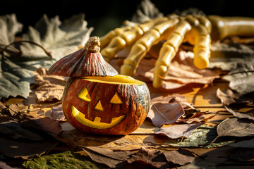 Halloween pumpkin and skeleton hand 