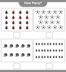 Counting game, how many Soccer Ball, Football Helmet, Dumbbell, and Punching Bag. Educational children game, printable worksheet, vector illustration