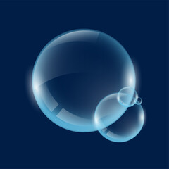 Realistic transparent soap or water bubbles. Big translucent glass spheres with glares and shadow on blue background. Isolated eps vector transparency orbs illustration