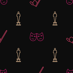 Set line Microphone, Movie trophy and Comedy and tragedy masks on seamless pattern. Vector