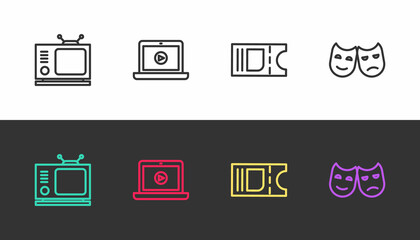 Set line Retro tv, Online play video, Cinema ticket and Comedy and tragedy masks on black and white. Vector