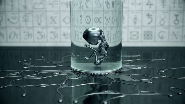 Humunkulus: AI Cyborg Embryo Pr&auml;parat im Glas | Kybernetik / Transhumanismus / Alchemie Konzept Art [3D Render Illustration]