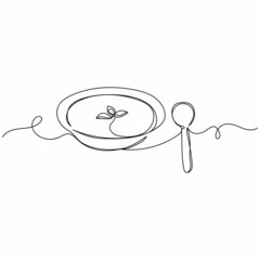 Continuous one single line of a soup with spoon food concept in silhouette on a white background. Linear stylized.