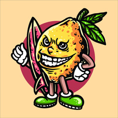 surfing lemon cartoon vector design