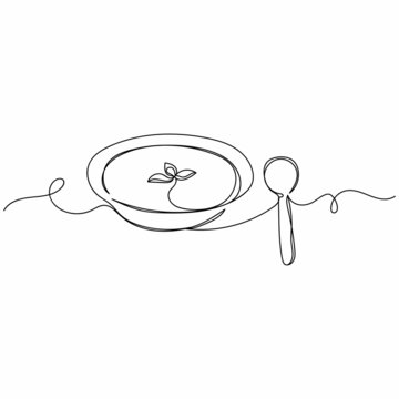 Continuous One Single Line Of A Soup With Spoon Food Concept In Silhouette On A White Background. Linear Stylized.