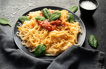 Classic Italian spaghetti pasta with tomato sauce, parmesan cheese and spinach on a plate on a stone background