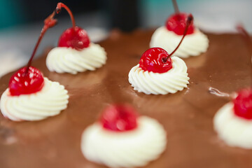 Chocolate frosted round cake with cherries and whipped cream decorating the top.

