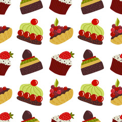 Bon Appetit. Seamless Pattern with Cute cakes and pies. Hand drawn vector illustration.