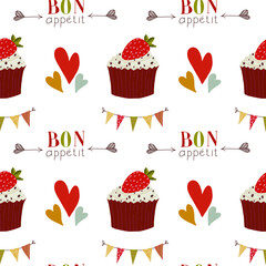 Bon Appetit. Seamless Pattern with Cute cakes and pies. Hand drawn vector illustration.