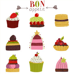 Bon Appetit. Set of Cute cakes and pies. Hand drawn vector illustration.