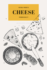 Hand-drawn hard and soft cheeses on a light background. Dor Blue, Maasdam, Cheese Pigtail, Ricotta and Cheese Knife. Retro picture for the menu of restaurants, markets and shops. Vector illustration.