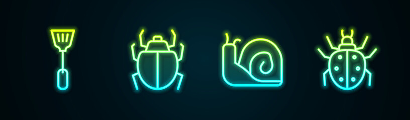 Set line Fly swatter, Mite, Snail and . Glowing neon icon. Vector