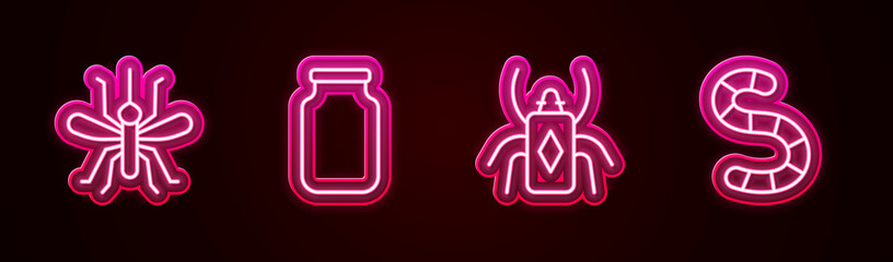 Set line Mosquito, Glass jar, Beetle bug and Worm. Glowing neon icon. Vector
