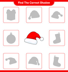 Find the correct shadow. Find and match the correct shadow of Santa Hat. Educational children game, printable worksheet, vector illustration