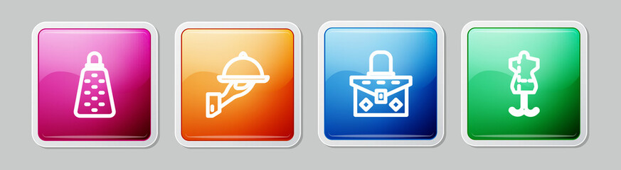 Fototapeta premium Set line Grater, Covered with tray of food, Handbag and Mannequin. Colorful square button. Vector