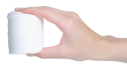 Cotton pads beauty care in hand on white background isolation