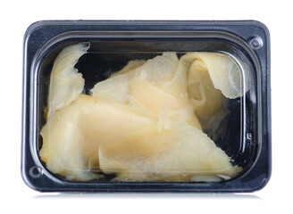 Pickled ginger in container on white background isolation