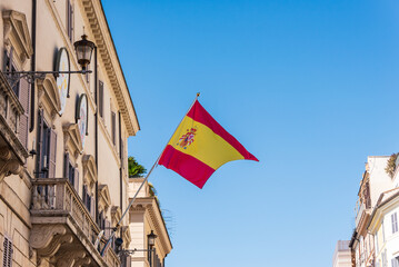 Waving spanish flag on Spanish embassy in Italy - the Palace of Spain, Monaldeschi Palace (Palazzo di Spagna), baroque palace that houses the Embassy of Spain to the Holy See in Rome, Lazio, Italy - 463109349