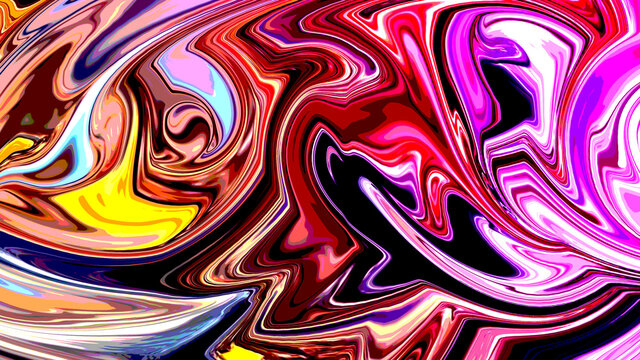 Abstract and colorful psychedelic background in red, pink, black, blue and purple. Wallpaper. Modern art.