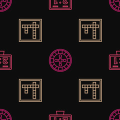 Set line Sport mechanical scoreboard, Bingo and Casino roulette wheel on seamless pattern. Vector