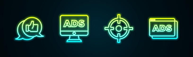 Set line Customer product rating, Advertising, Target sport and . Glowing neon icon. Vector