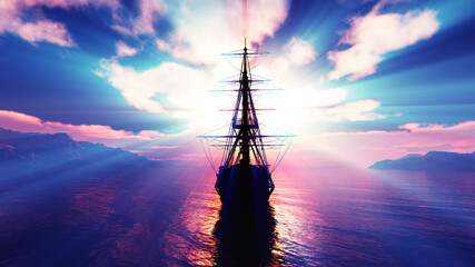 Obraz premium old ship sunset at sea 3d rendering