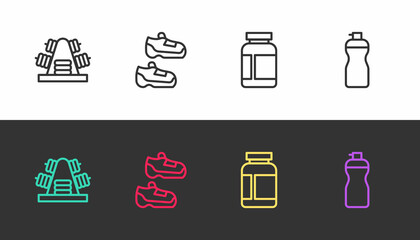 Set line Metal rack with weights, Sport sneakers, Sports nutrition and Fitness shaker on black and white. Vector