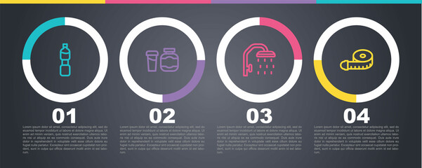 Set line Bottle of water, Sports nutrition, Shower head and Tape measure. Business infographic template. Vector
