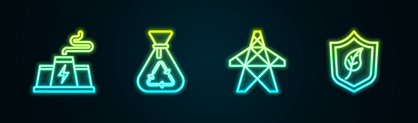 Set line Power station plant factory, Garbage bag with recycle, Electric tower and Shield leaf. Glowing neon icon. Vector