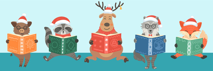 Christmas. Animals in Christmas hat read books. Children's xmas vector illustration. Kids' library concept. Storytime.