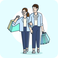 A man and a woman walk shopping happily 2D character activity, vector design and isolated background.