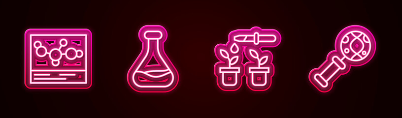 Set line Chemical formula, Test tube and flask, Pipette plant and DNA research, search. Glowing neon icon. Vector