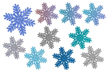 Fototapeta na wymiar Glitter snowflakes. Clip art pack on white