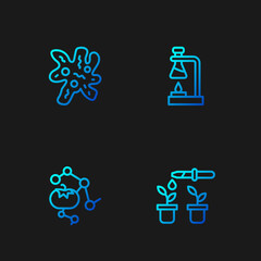 Set line Pipette and plant, Genetically modified food, Cell and Test tube flask on fire. Gradient color icons. Vector